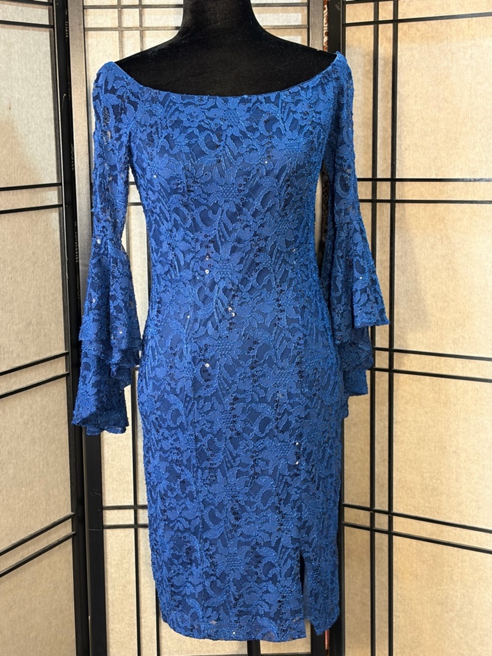 Venus Womens Off Shoulder Lace Sequin Bodycon Mini Dress Blue Sz 6 bell sleeves